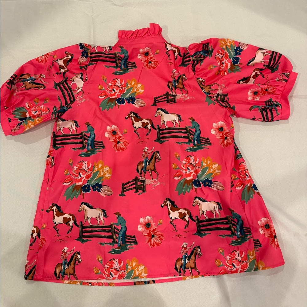 Bright Pink Floral & Horse Blousy Top - Picture 3 of 4